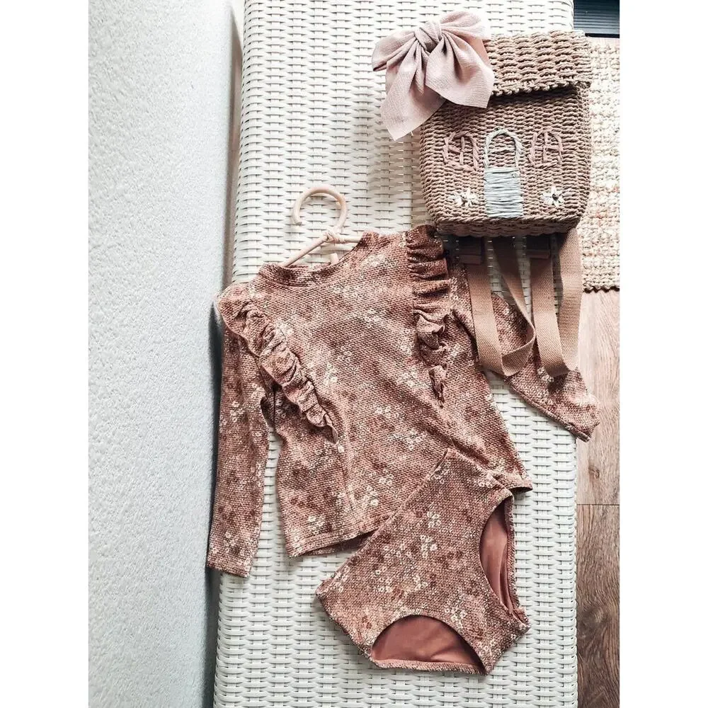 Dusty Rose Blooming Floral Rash Guard 2pc Swimsuit 3/4T